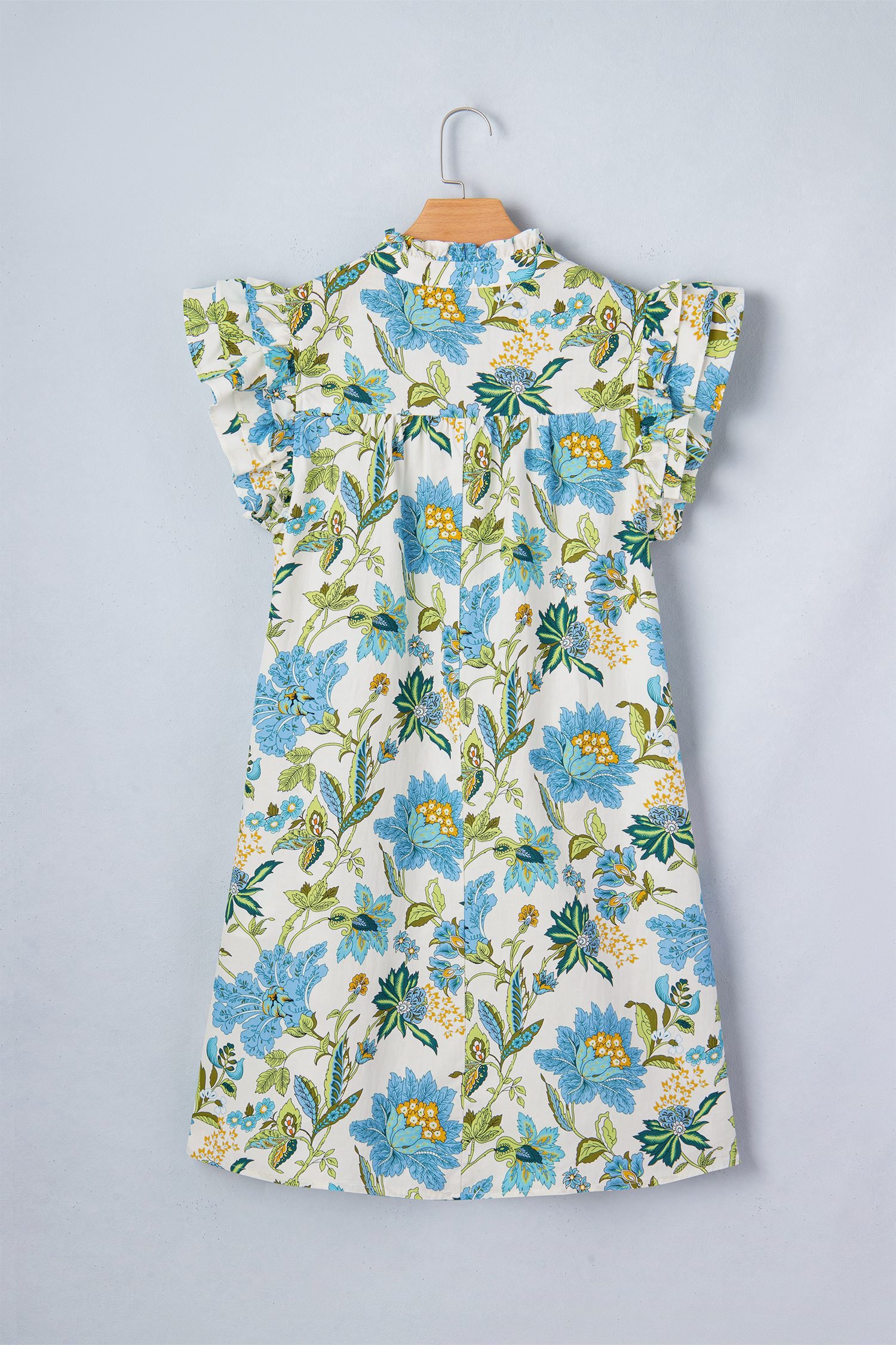Beige Floral Print V Neck Triple Ruffle Short Sleeve Shift Mini Dress