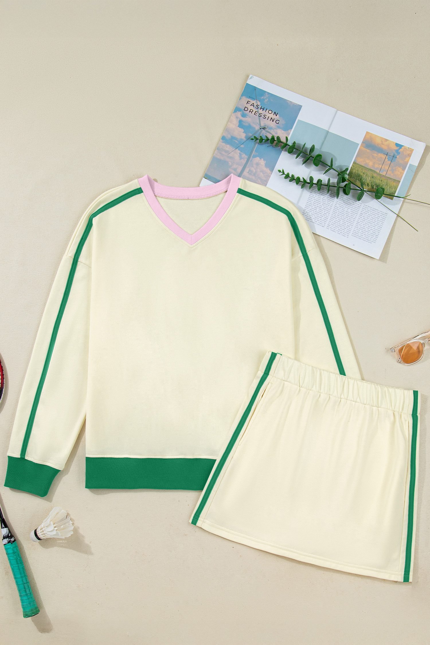 Beige Ribbed Colorblock Trim V Neck Sporty Pullover Mini Skort 2pcs Athleisure Set
