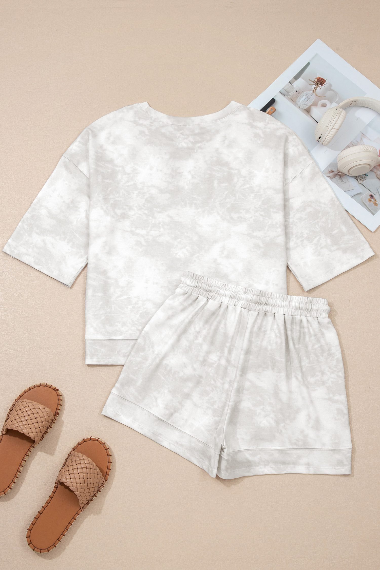 Beige Vintage Tie Dye Bracelet Sleeve Drawstring Elastic Waist 2pcs Short Set