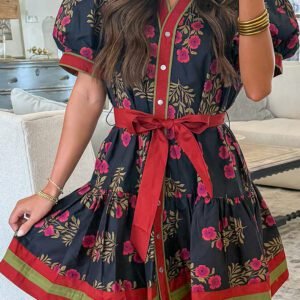 Black Retro Floral Print Button Down Belted Short Puff Sleeve Mini Dress