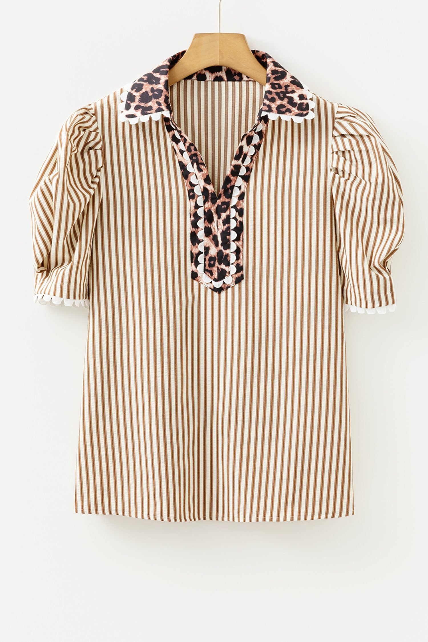 Brown Stripe Ricrac Trim Short Puff Sleeve Leopard Patchwork Collar V Neck Blouse