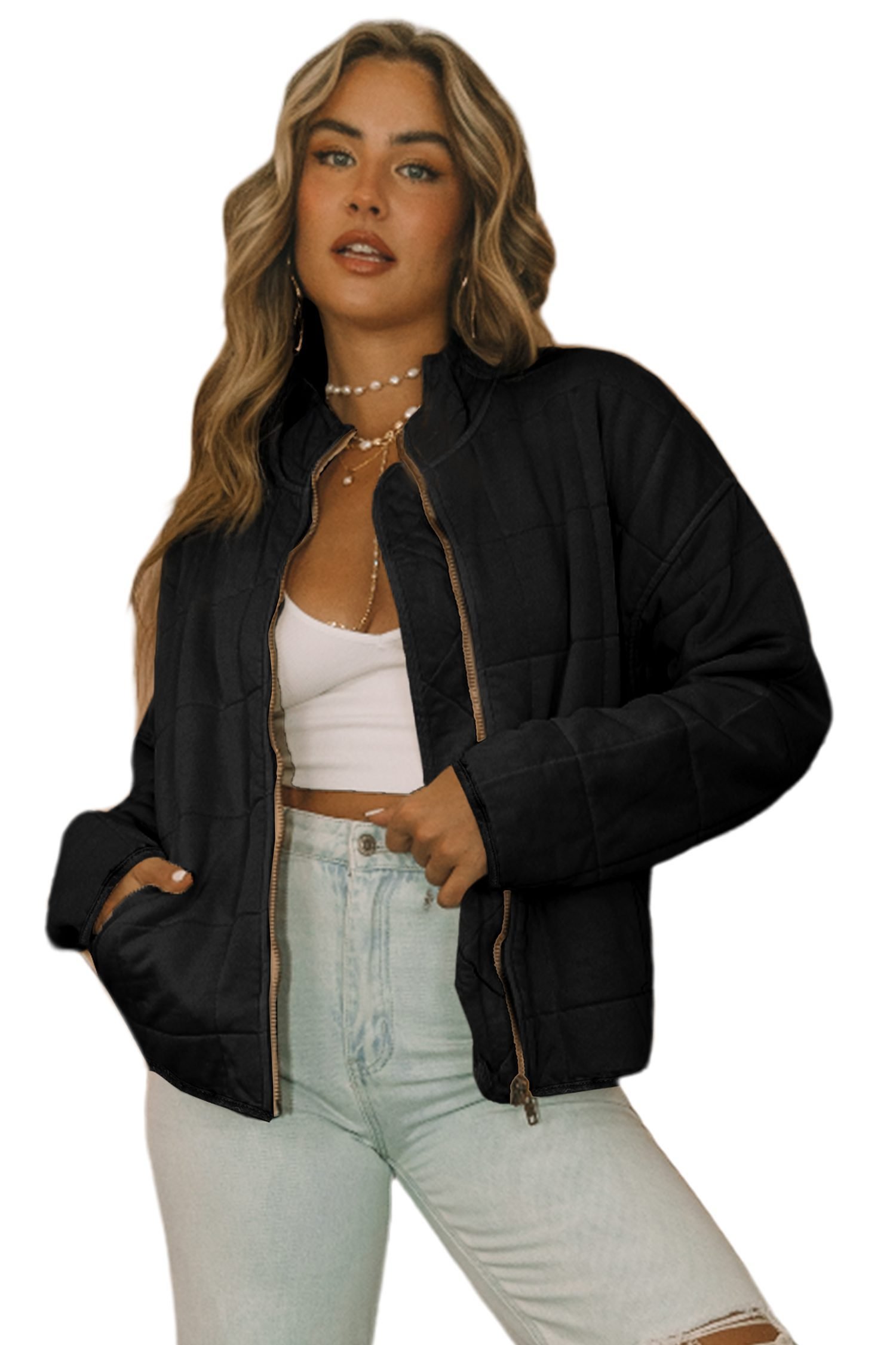 Black Zip-Up Pocket Quilted Jacket - Image 10