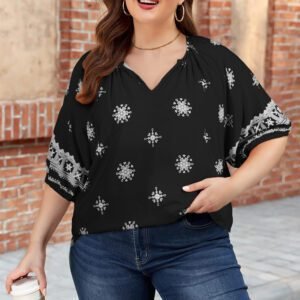 Black Boho Chic Notched V Neck Plus Floral Short Sleeve Top