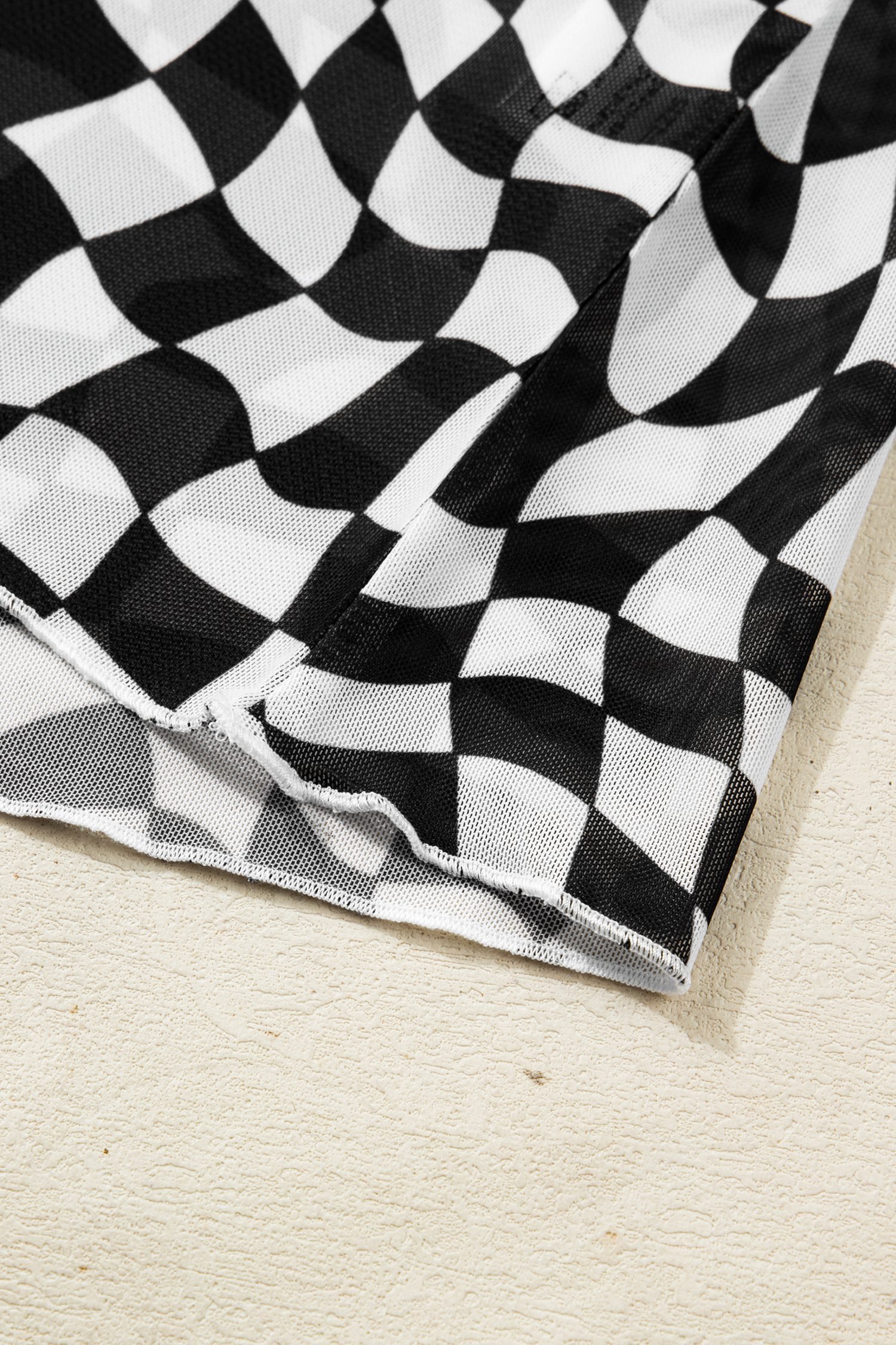 Black Checkered Print Mock Neck Mesh T Shirt