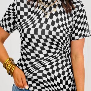 Black Checkered Print Mock Neck Mesh T Shirt