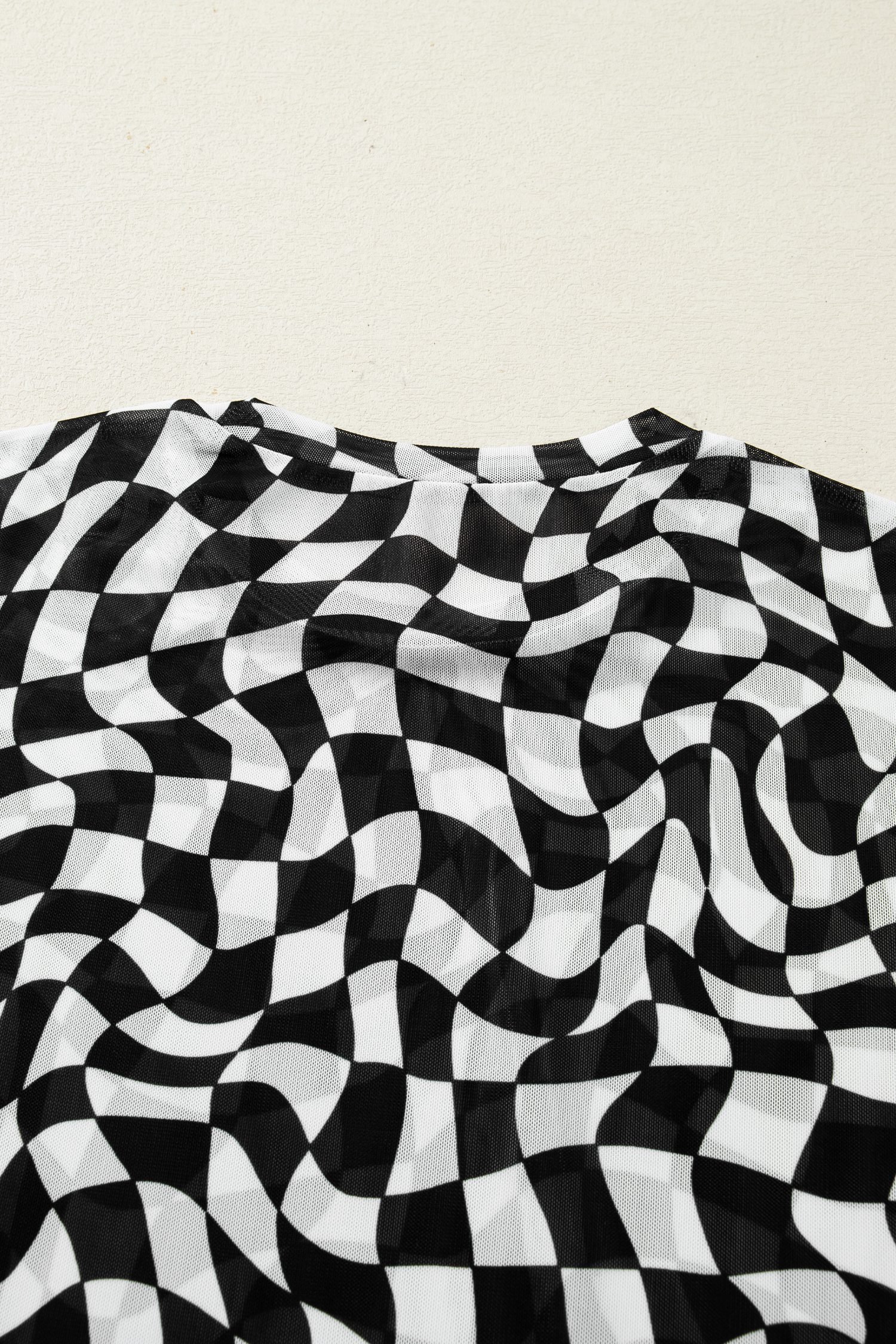 Black Checkered Print Mock Neck Mesh T Shirt