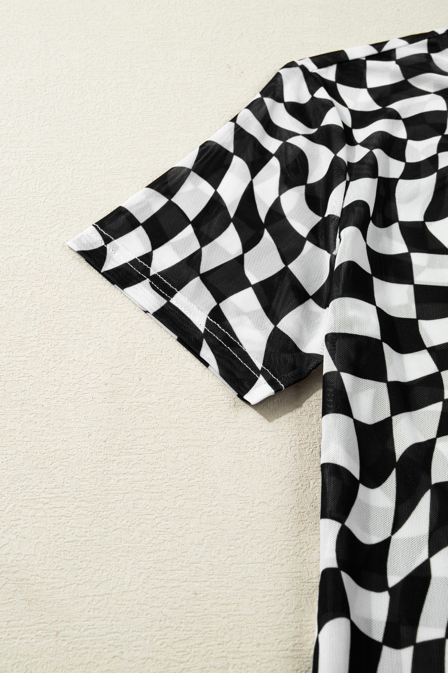 Black Checkered Print Mock Neck Mesh T Shirt
