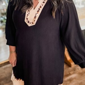 Black Contrast Color Block Leopard Trim Plus Size Ribbed Dress