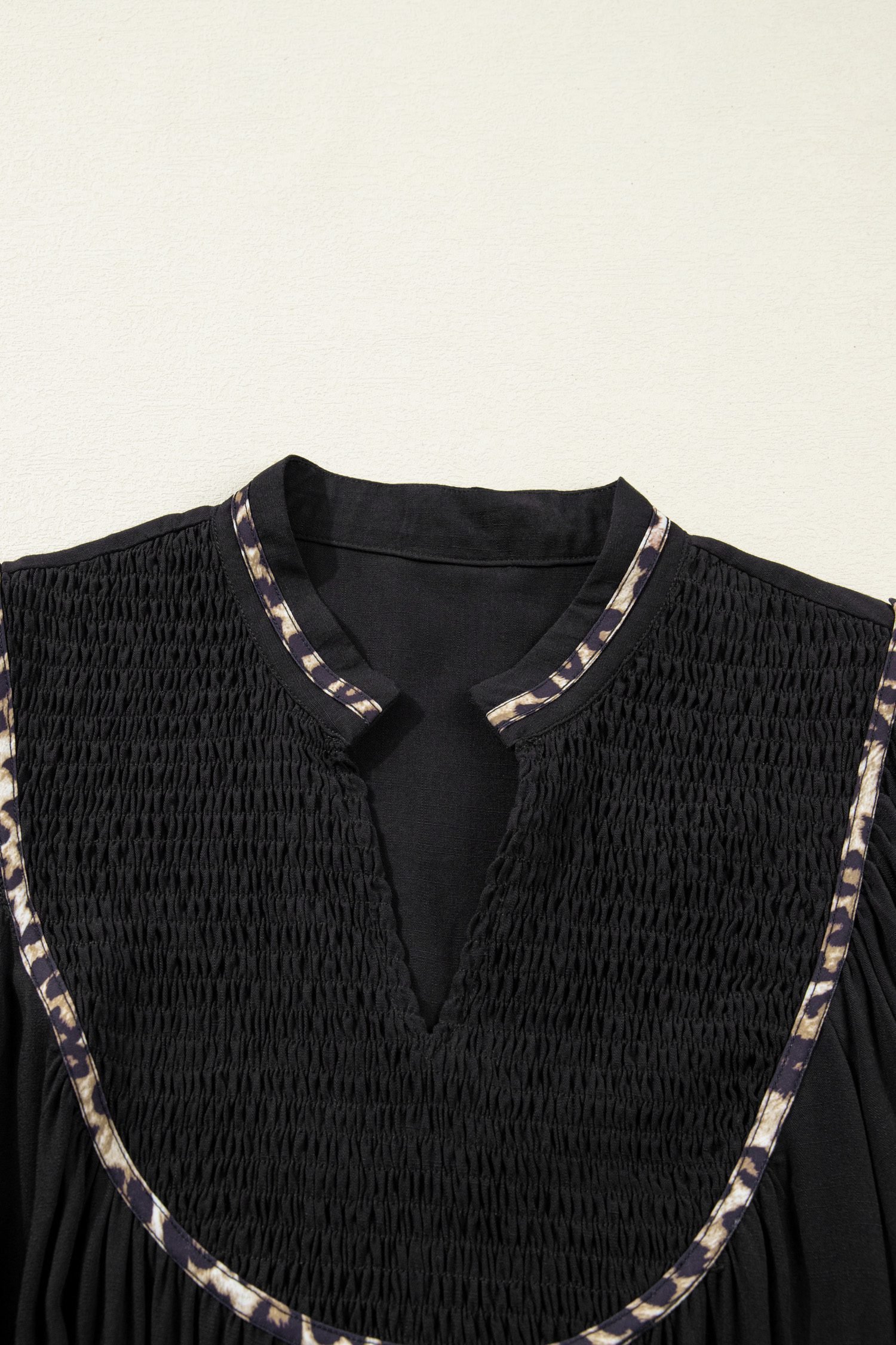 Black Contrast Leopard Trim Split Neck Long Sleeve Casual Midi Dress
