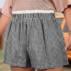 Black Contrast Trim Plaid Print Plus Size Shorts