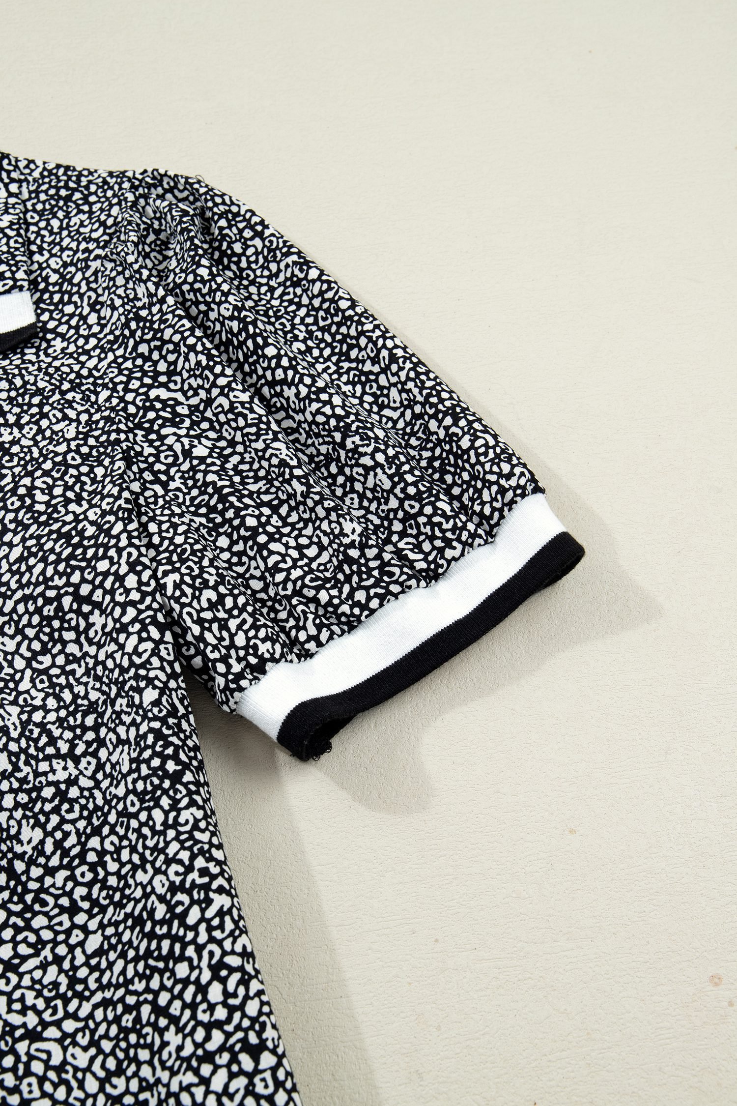 Black Leopard Print Contrast Striped Trim Polo Collar Short Sleeve Dress with Pockets