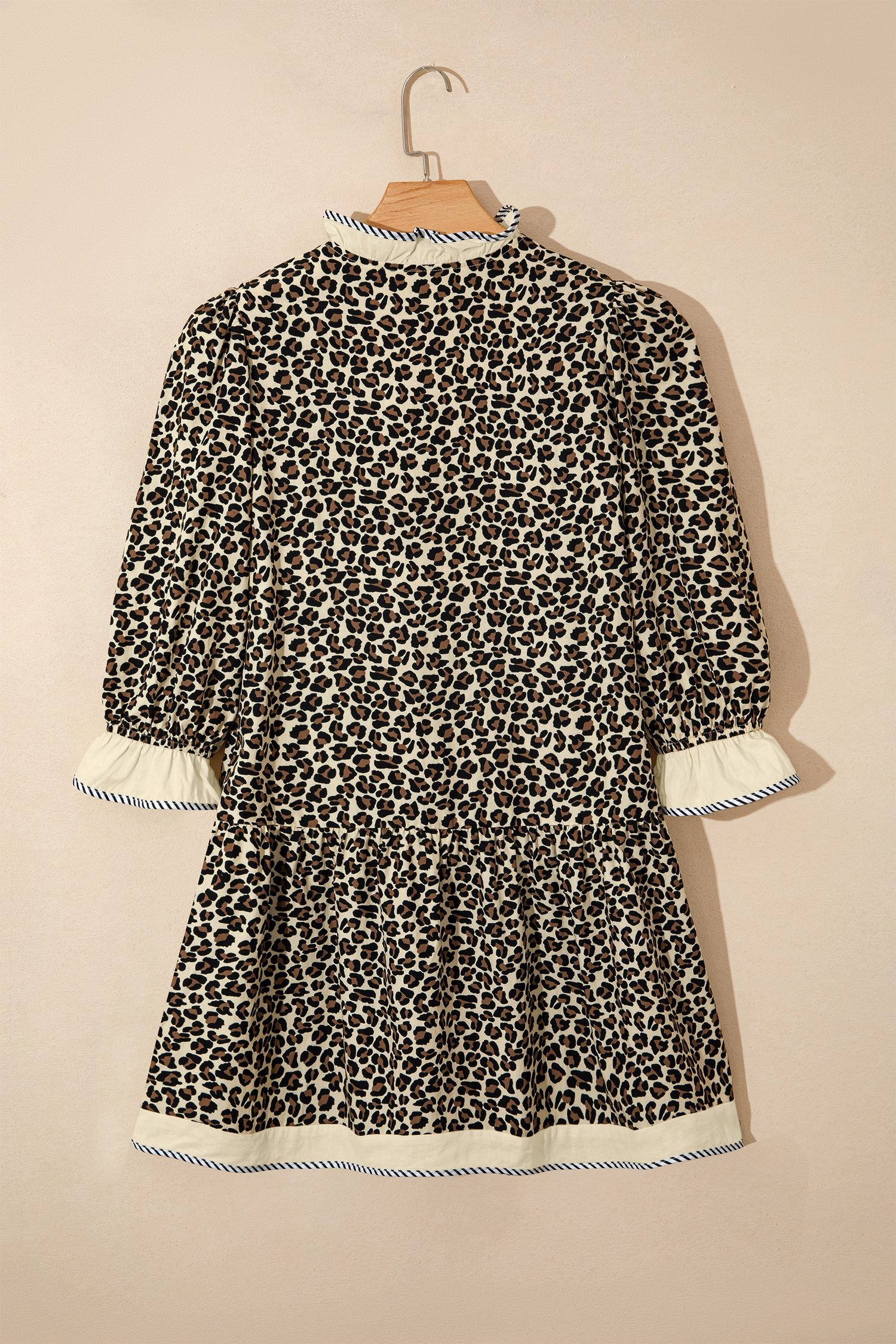 Black Leopard Print Striped Color Block Trim V Neck Bracelet Sleeve Mini Dress