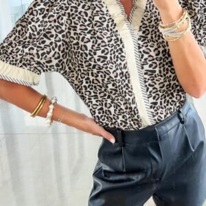 Black Leopard Print Striped Ruffled Color Block Trim V Neck Short Sleeve Blouse