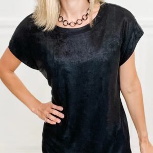 Black Metallic Round Neck Cap Sleeve Tee