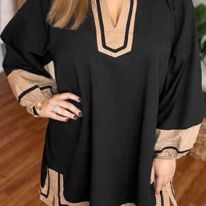 Black Plus Size Color Block Striped Trim V Neck Long Sleeve Shift Mini Dress