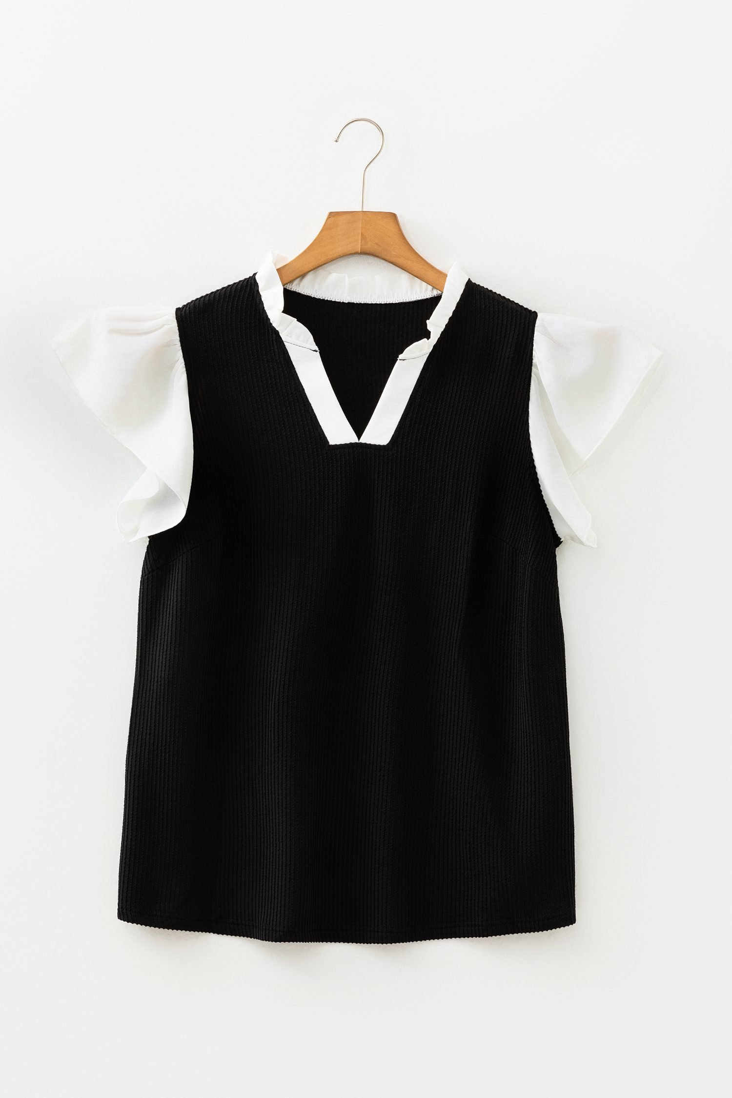 Black Plus Size Contrast Frilled Neckline Ruffled Short Sleeve Ribbed Textured Blouse