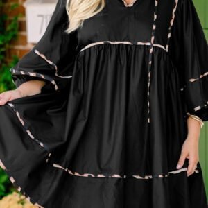 Black Plus Size Long Sleeve Leopard Contrasted Trim Tie Neck Flared Mini Dress