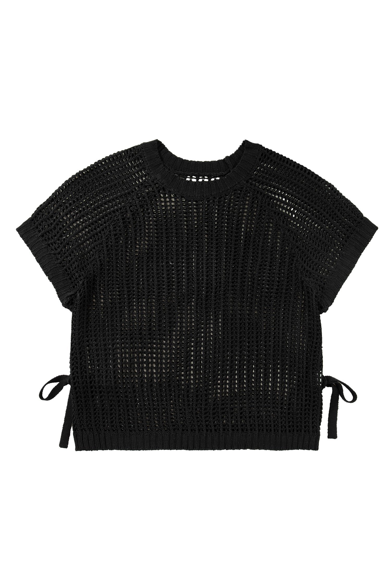 Black Plus Size Open Knit Bow Tie Short Sleeve Sweater