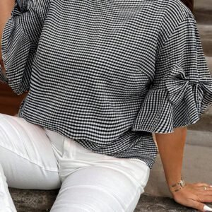 Black Plus Size Plaid Bow Decor Bell Sleeve Round Neck Jumper