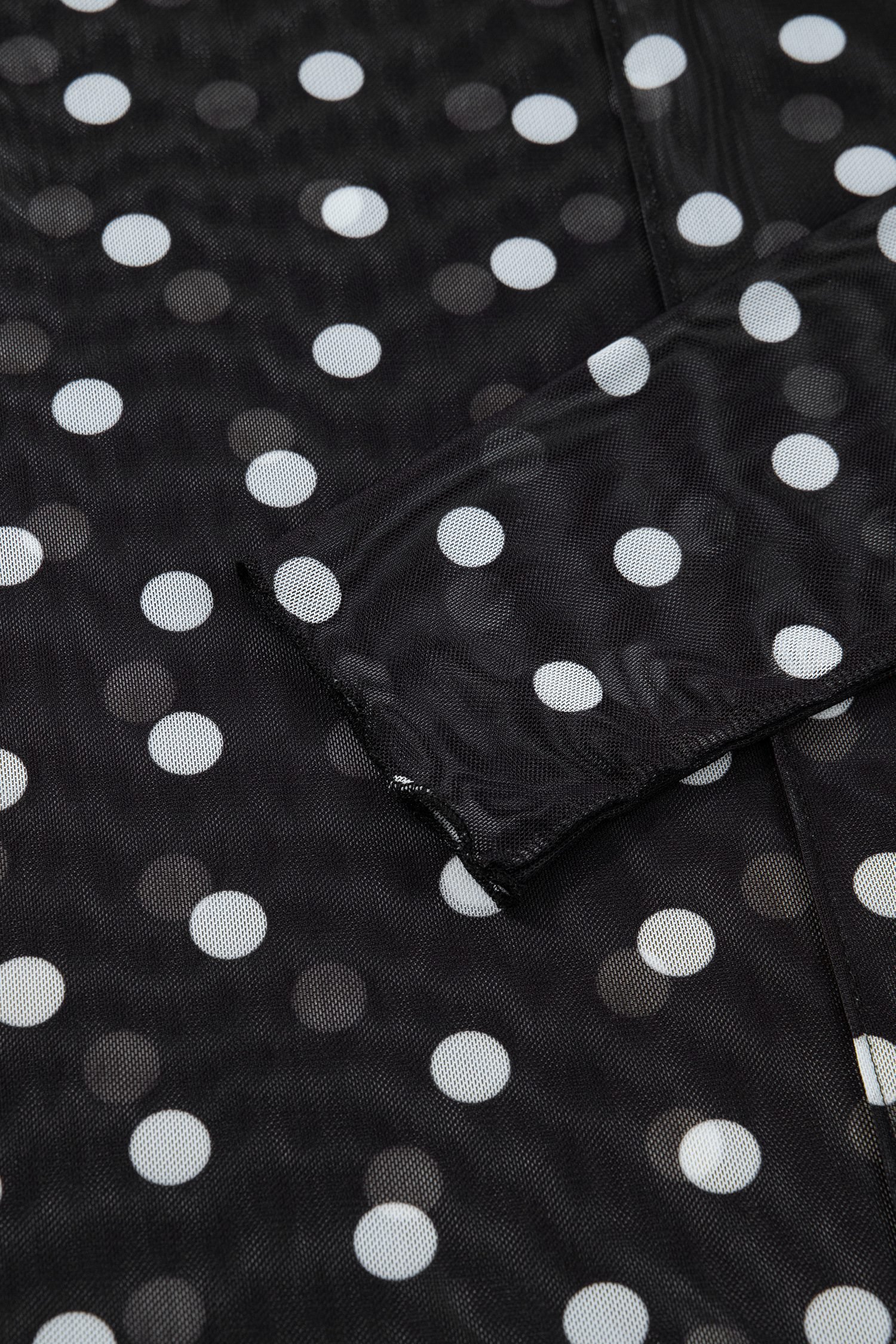 Black Polka Dot Patterned Bodycon Mock Neck Mesh Long Sleeve Top