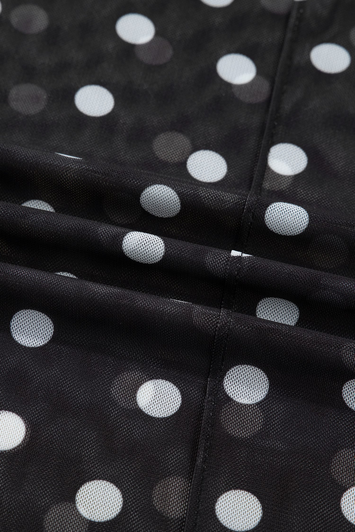 Black Polka Dot Patterned Bodycon Mock Neck Mesh Long Sleeve Top