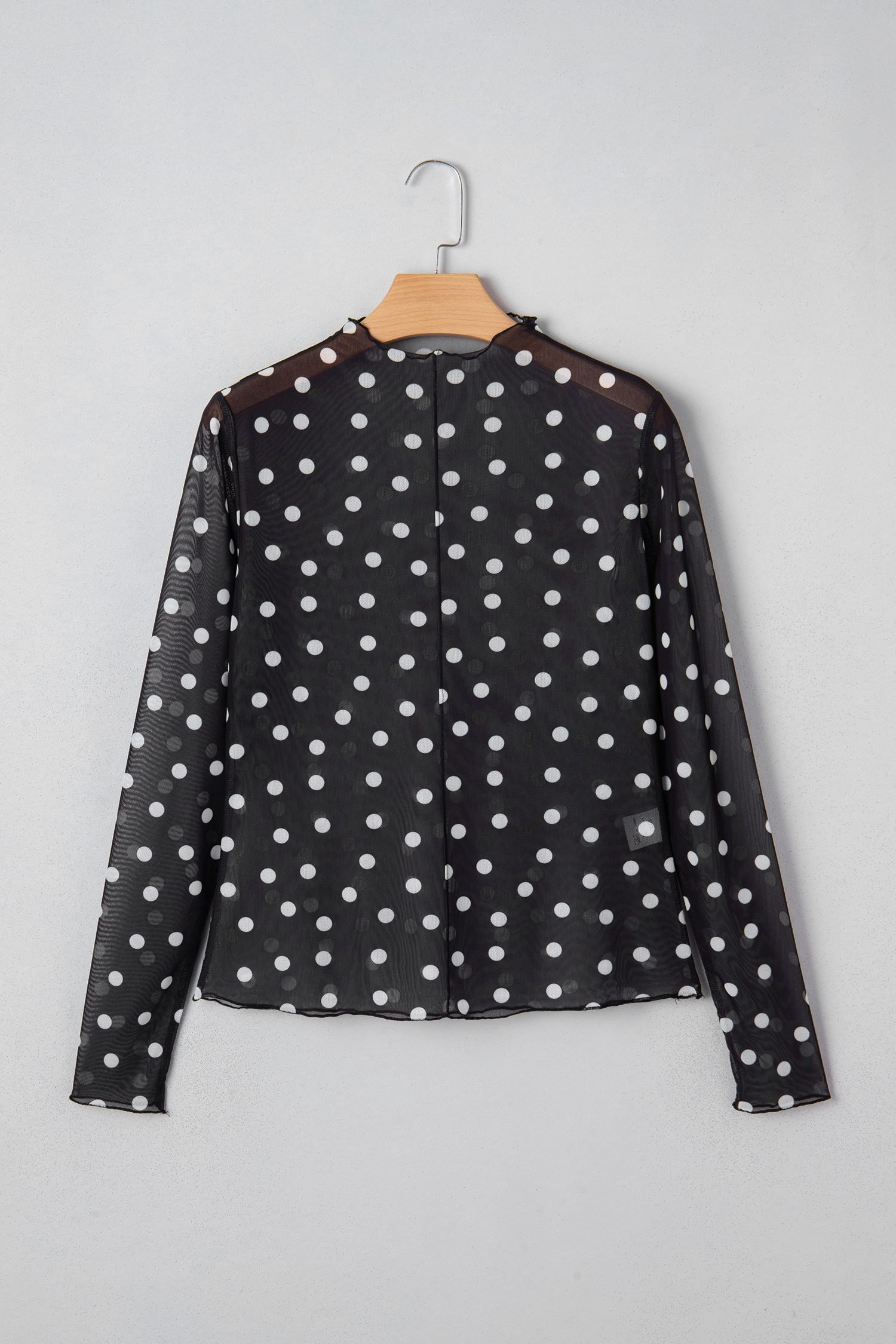 Black Polka Dot Patterned Bodycon Mock Neck Mesh Long Sleeve Top