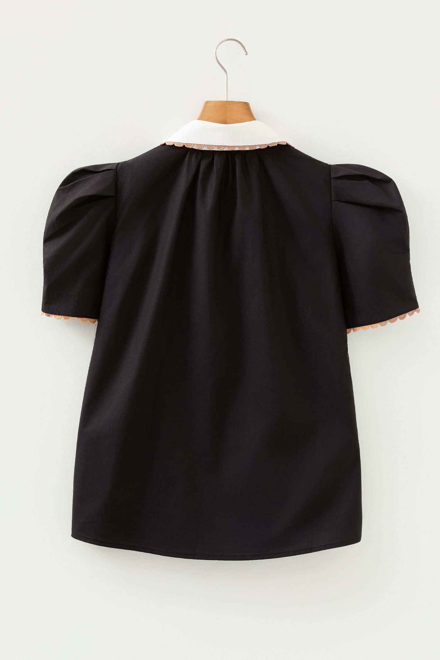 Black Ricrac Trim Color Block Patchwork Shirt Collar Short Sleeve Blouse
