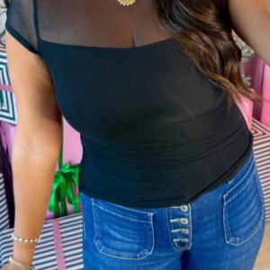Black Sheer Mesh Patchwork Cap Sleeve T Shirt