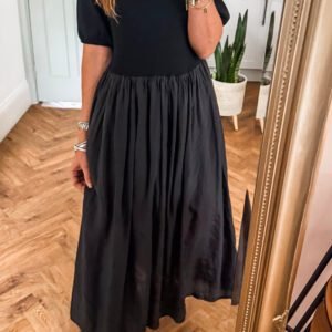 Black Short Sleeve Knit Top Patchwork Pleated Long Dress