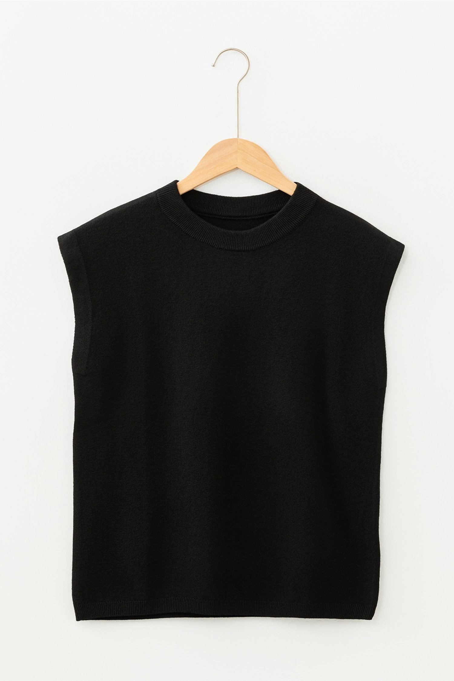 Black Solid Color Crew Neck Knit Cap Sleeve Sweater