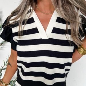 Black Stripe Collar V Neck Ruffled Short Sleeve Blouse