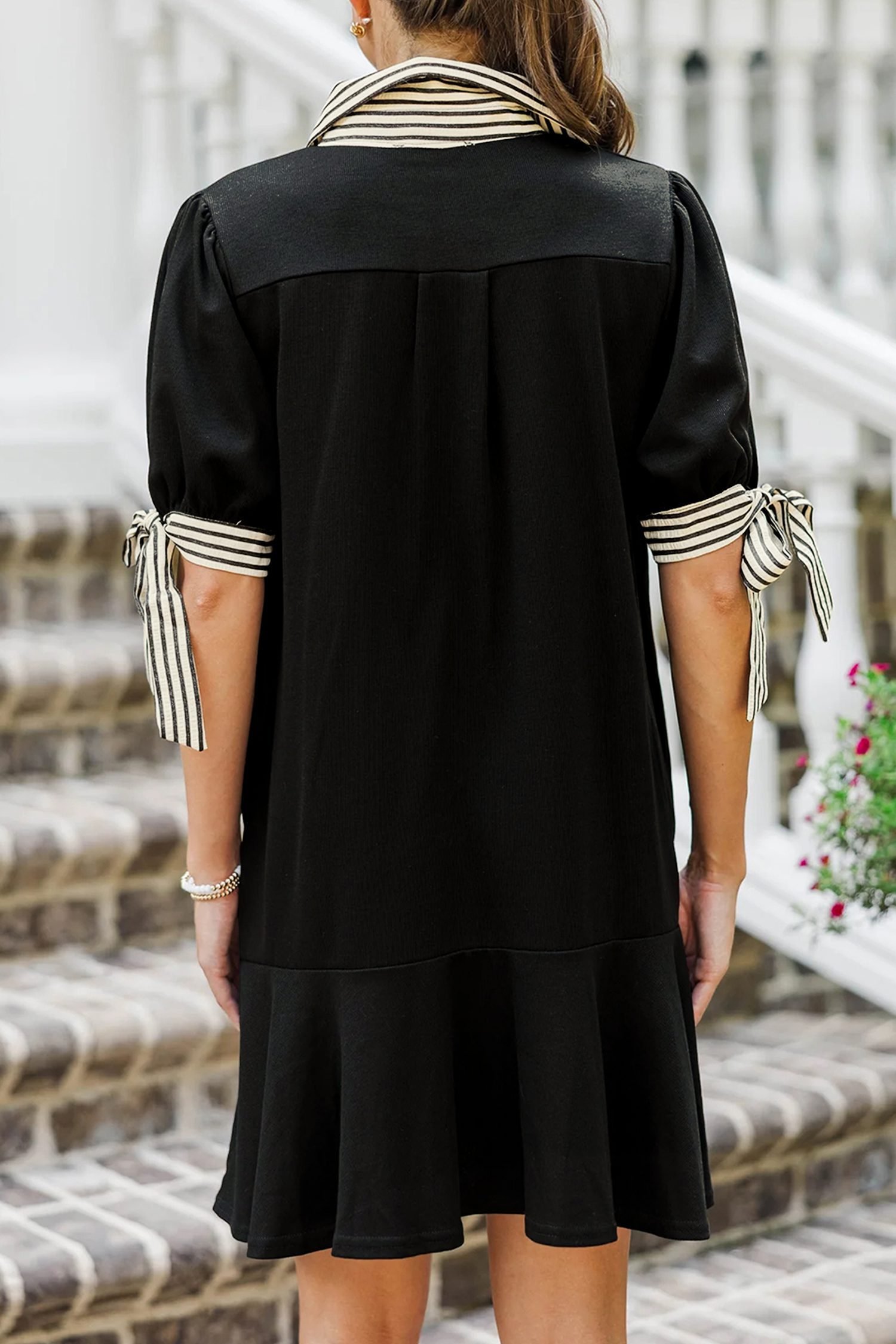 Black Stripe Detail Polo Collar Half Buttons Tied Short Sleeve Shift Mini Dress