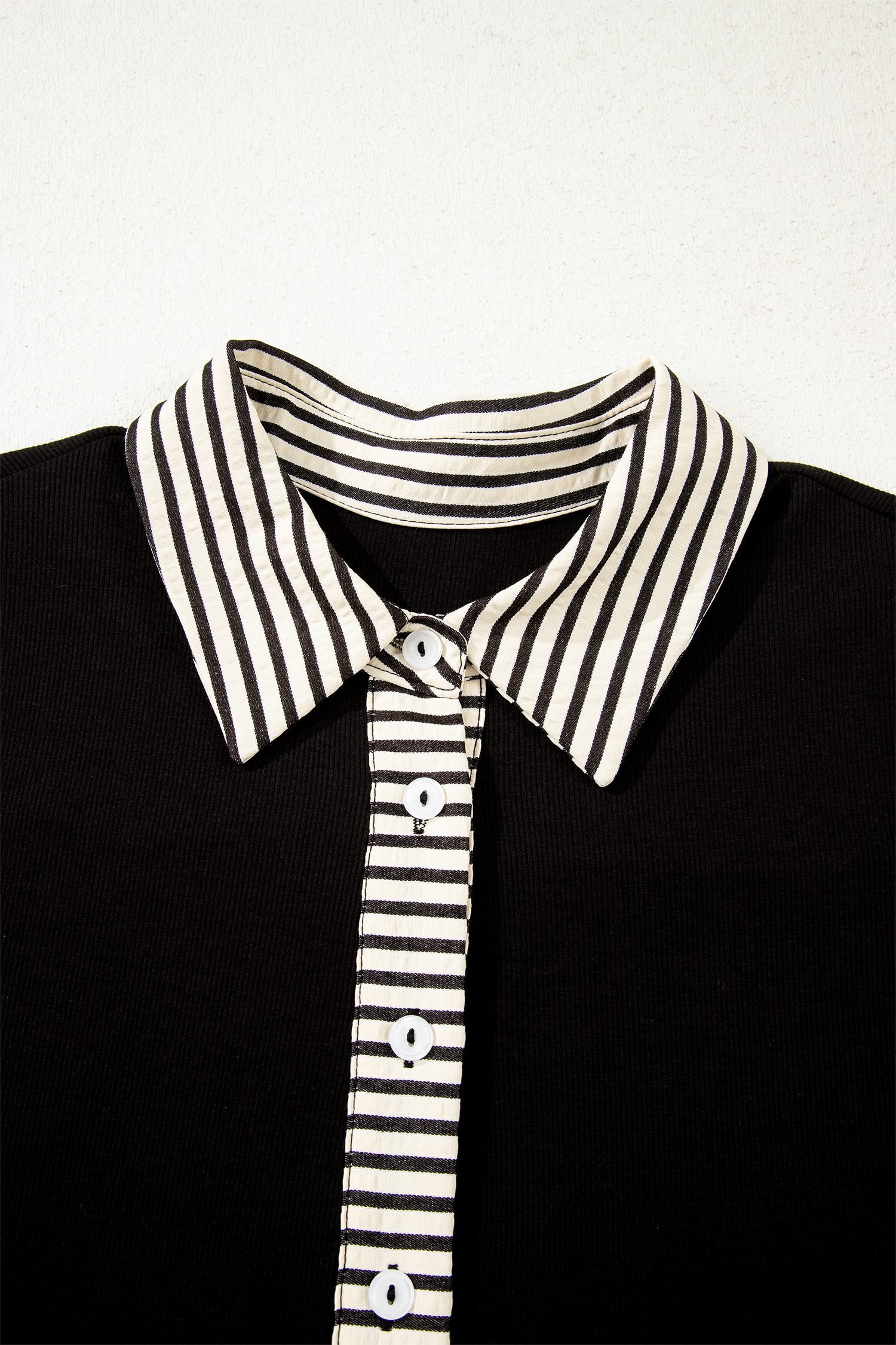 Black Stripe Detail Polo Collar Half Buttons Tied Short Sleeve Shift Mini Dress
