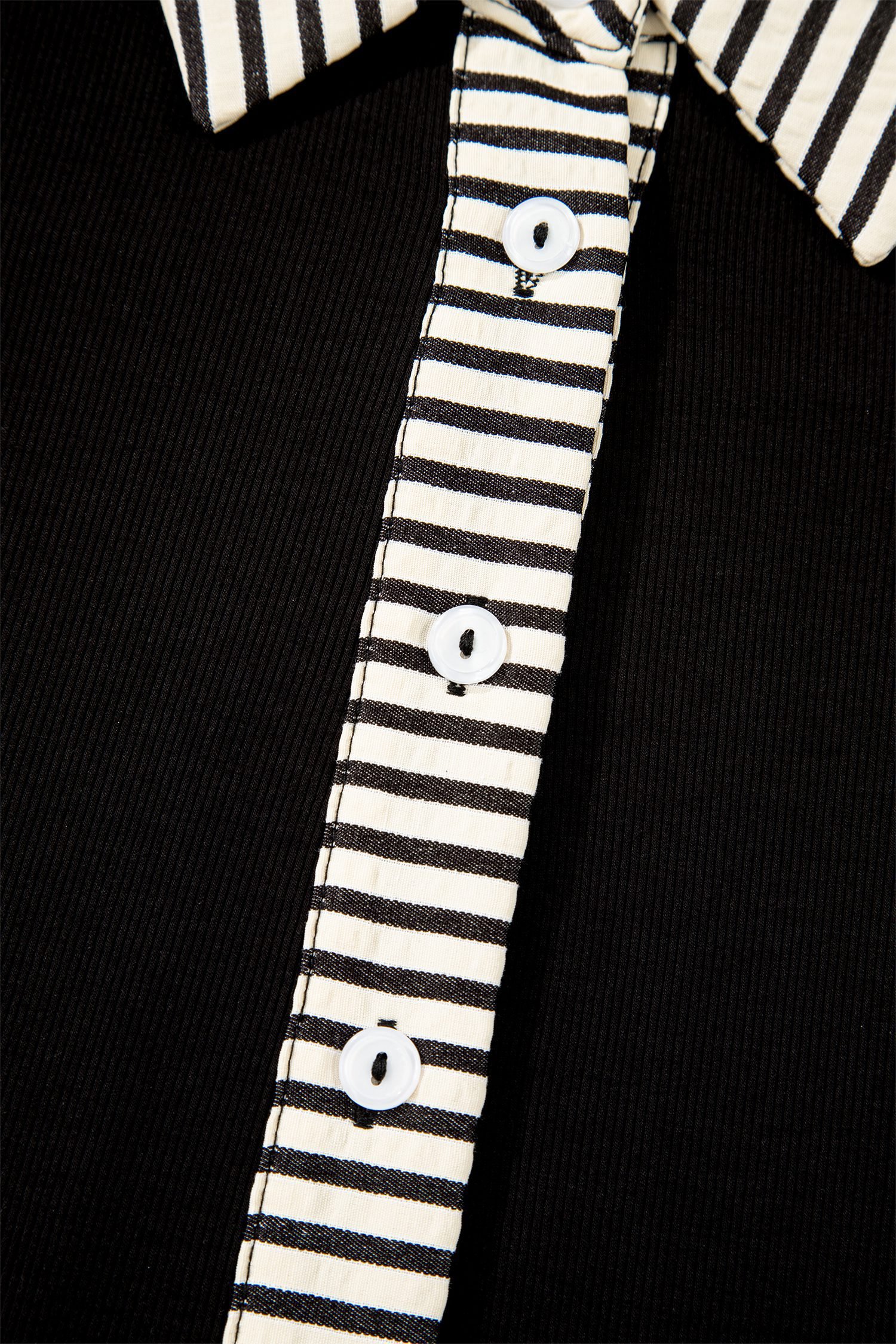 Black Stripe Detail Polo Collar Half Buttons Tied Short Sleeve Shift Mini Dress