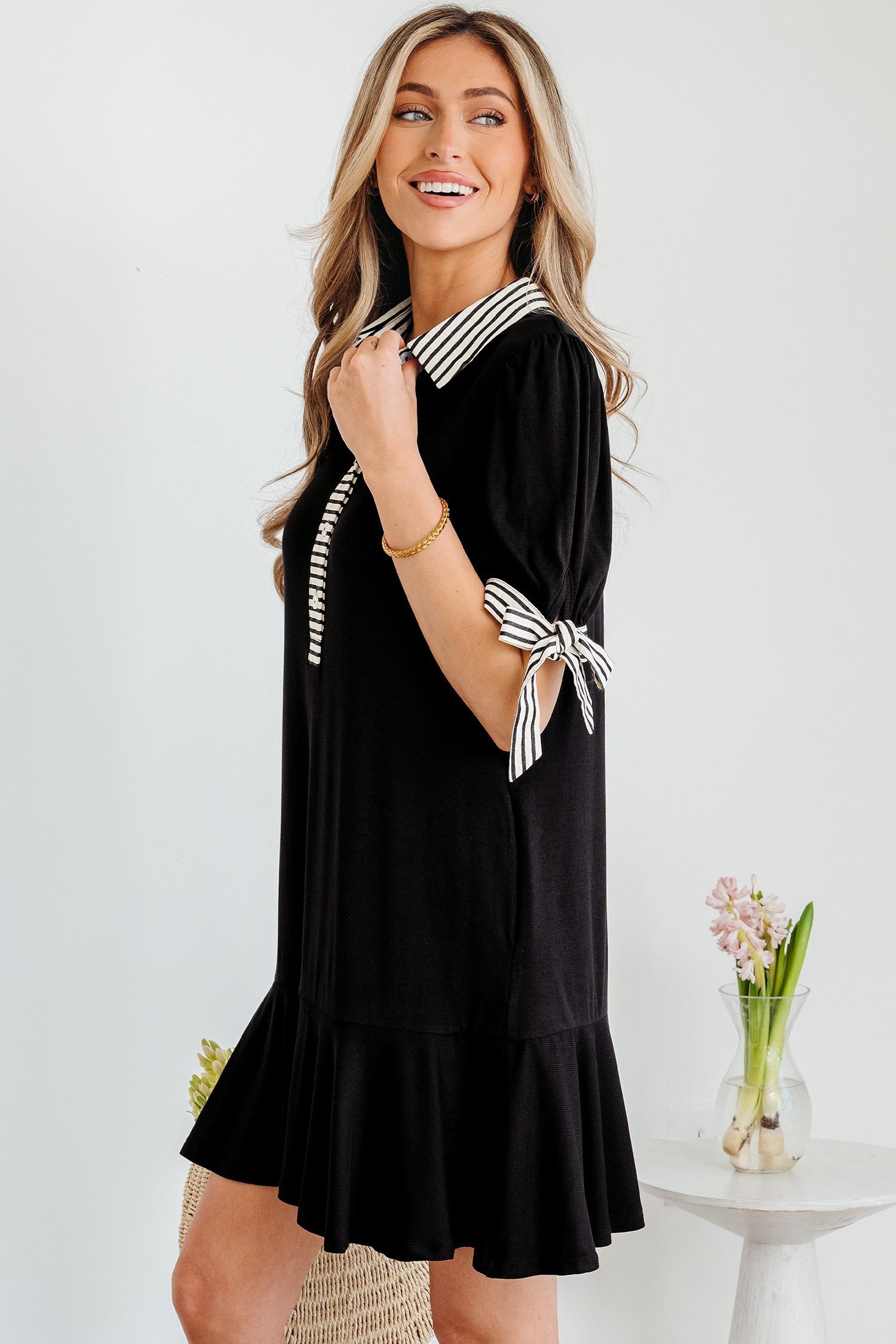 Black Stripe Detail Polo Collar Half Buttons Tied Short Sleeve Shift Mini Dress