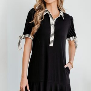 Black Stripe Detail Polo Collar Half Buttons Tied Short Sleeve Shift Mini Dress
