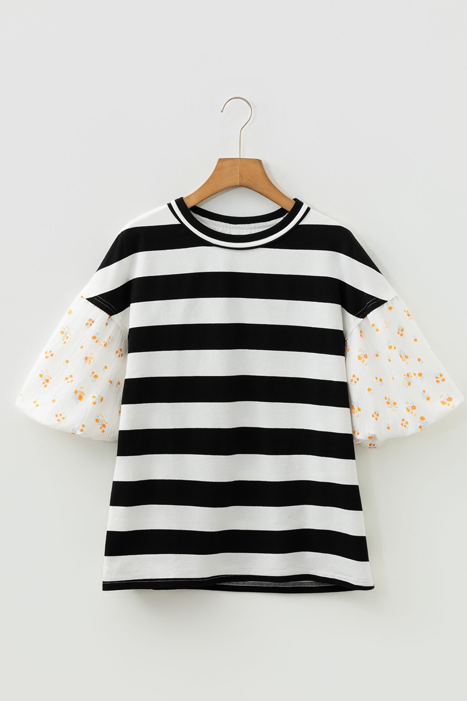 Black Stripe Floral Print Puff Sleeve Patchwork Blouse