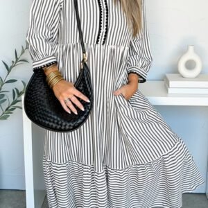 Black Stripe Scallop Trim Shirt Collar Half Button 3/4 Sleeve Long Dress