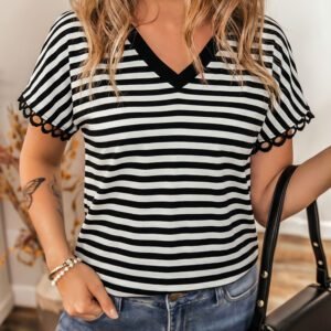 Black Striped Print V Neck Delicate Trim Casual Tee