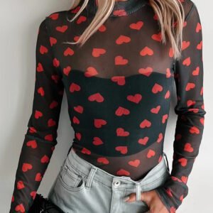 Black Valentines Heart Printed Sheer Mesh Long Sleeve Top