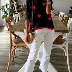 Black white Heart Print Contrast Trim Drop Shoulder Sweater