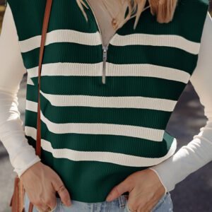Blackish Green Ribbed Half Zip Collared Sweater Vest