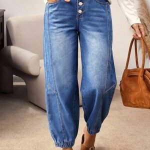 Blue 4 Buttons Front Tapered Casual Loose Fit Jeans