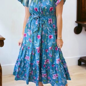 Blue Floral Flutter Sleeve Button Tie Split Neck Belted Long Dress