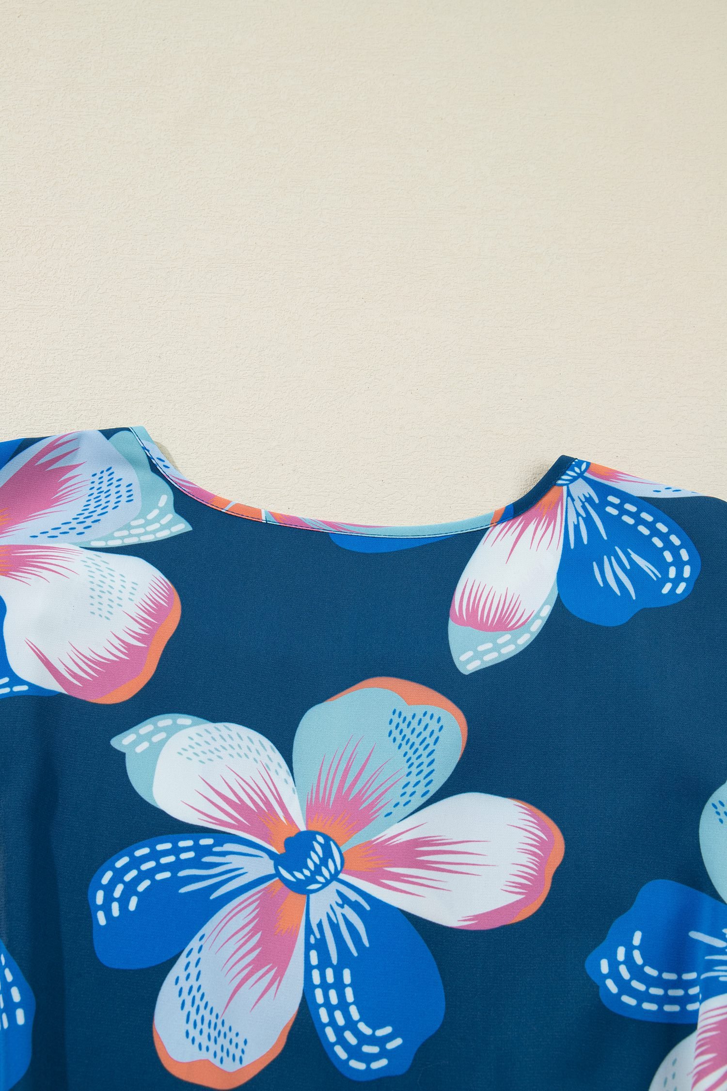Blue Floral Print Short Puff Sleeve Ruffle Hem Belted Long Dress