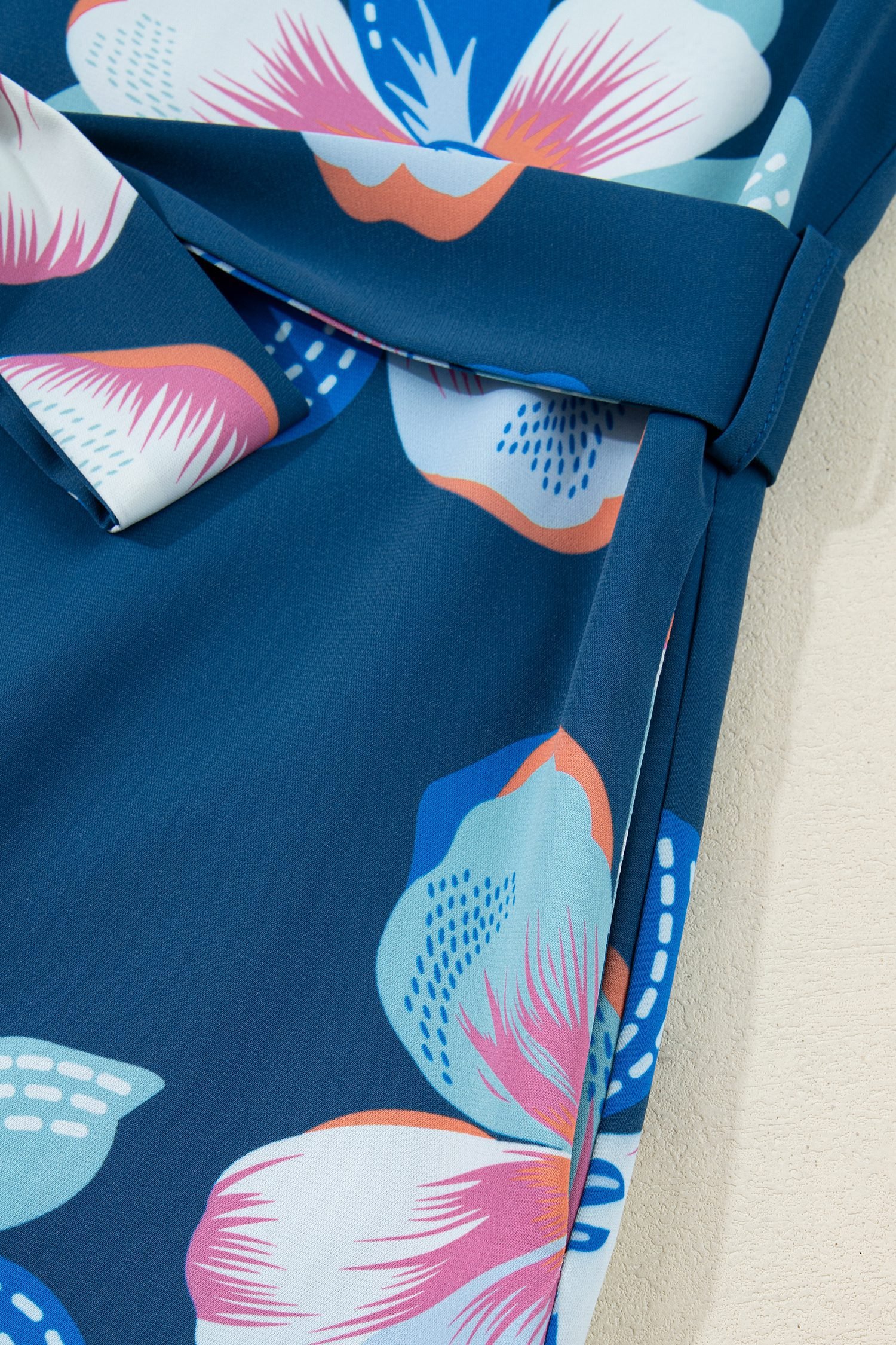 Blue Floral Print Short Puff Sleeve Ruffle Hem Belted Long Dress