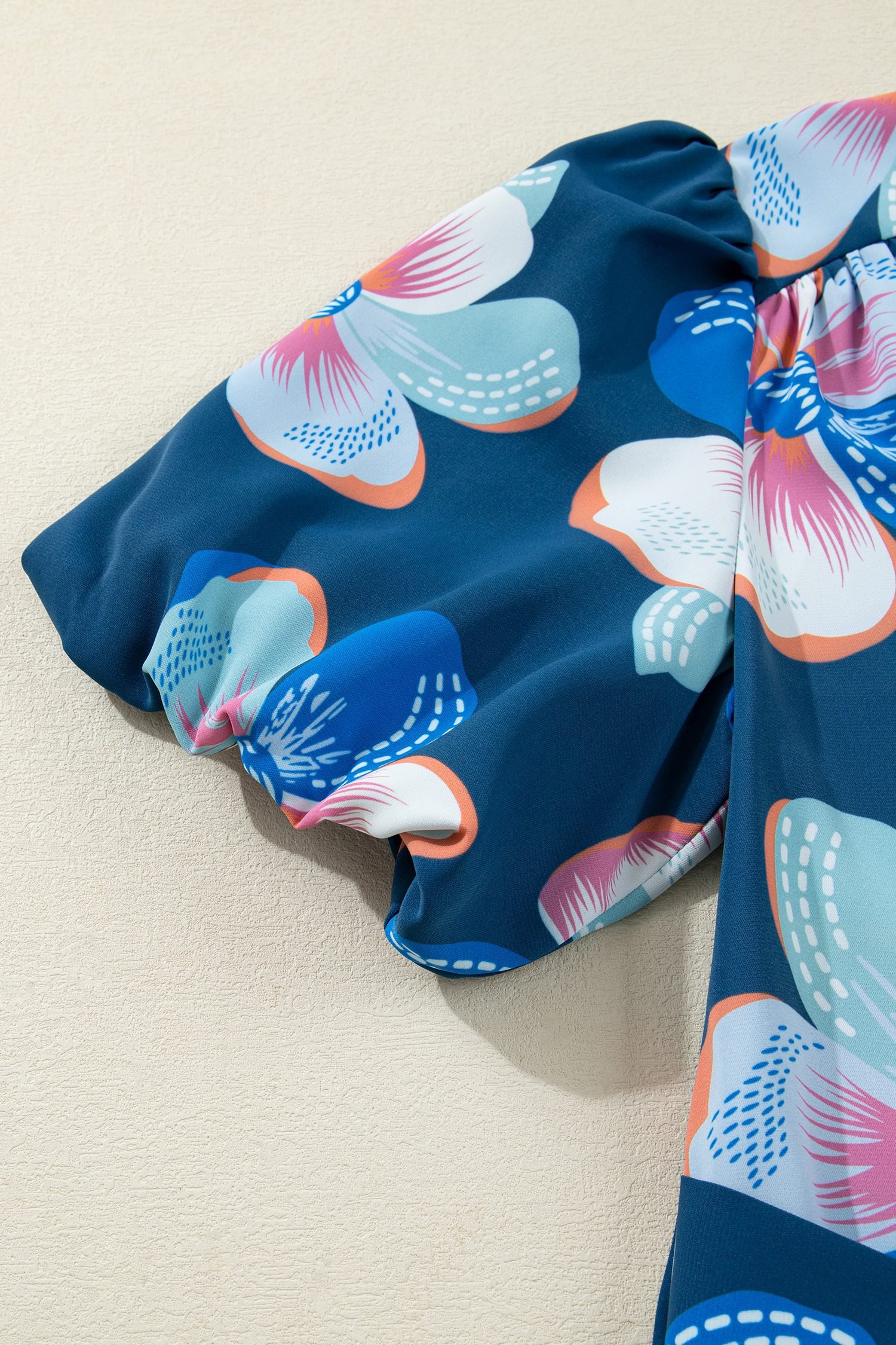 Blue Floral Print Short Puff Sleeve Ruffle Hem Belted Long Dress