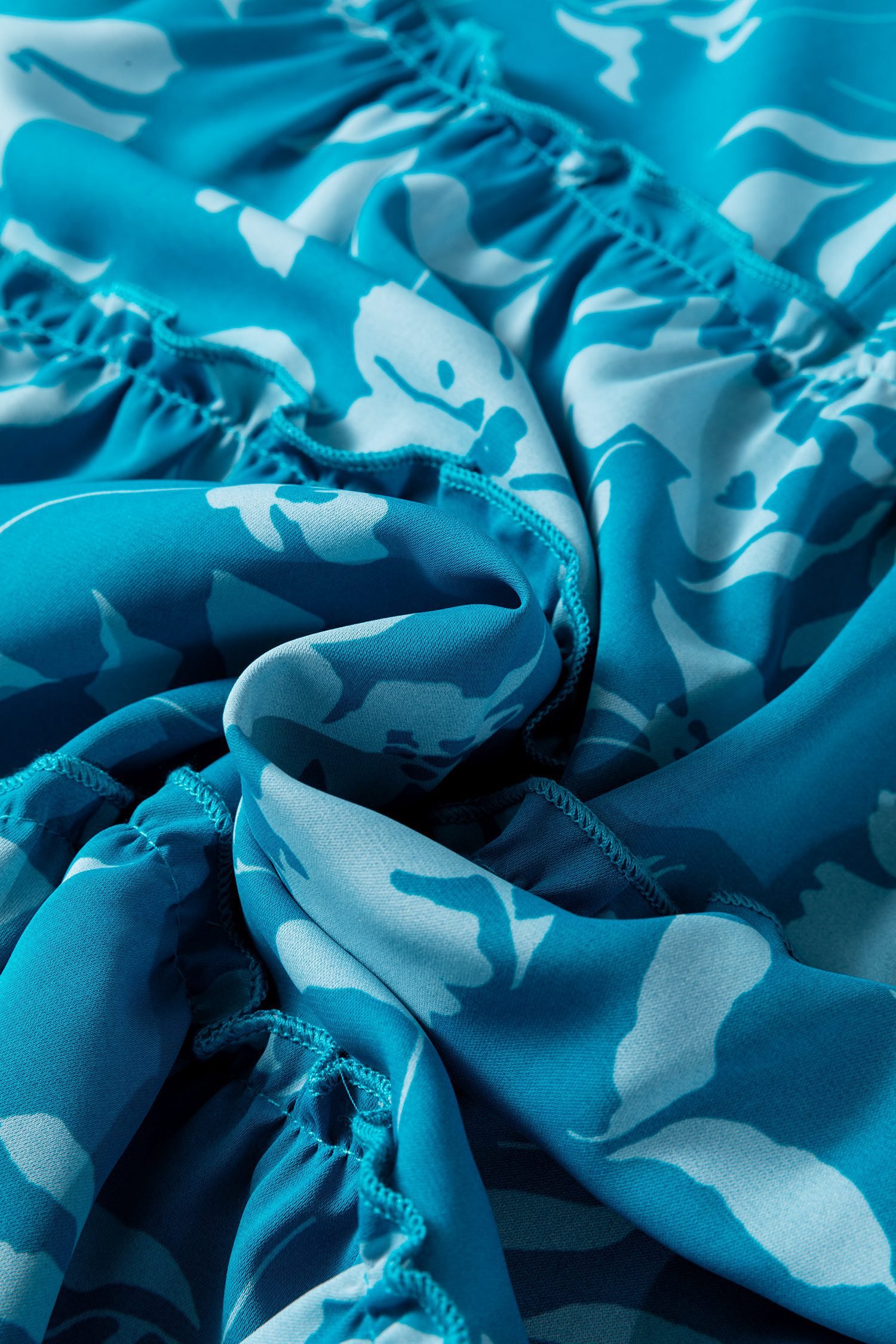 Blue Flower Half Sleeve Tiered Ruffled Mini Dress