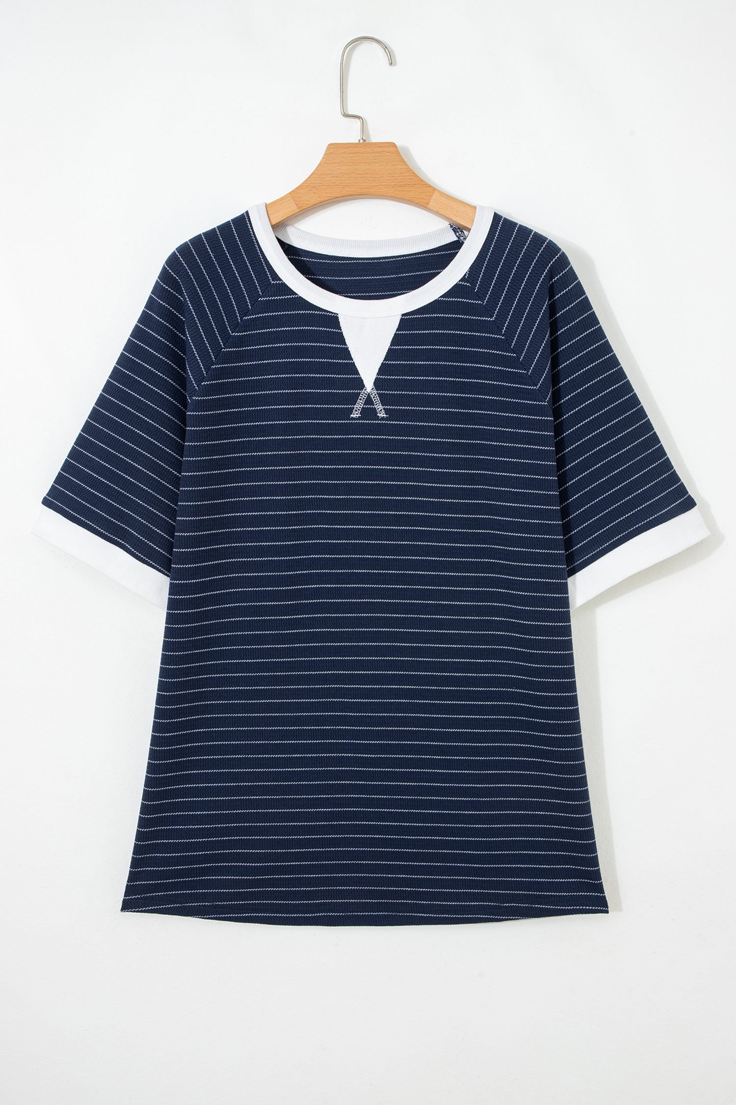 Blue Stripe Contrast Trim Plus Size Ribbed T Shirt