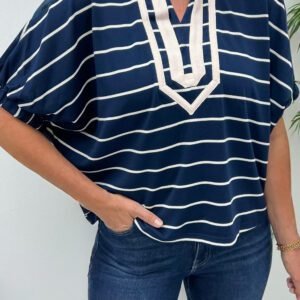 Blue Stripe Stand Collar V Neck Elastic Cuffs Half Sleeve Dolman Top